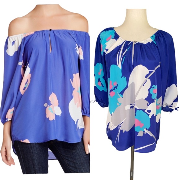 Yumi Kim Tops - Yumi Kim Royal & Aqua Blue Floral Off Shoulder Tie Sleeve Top - S